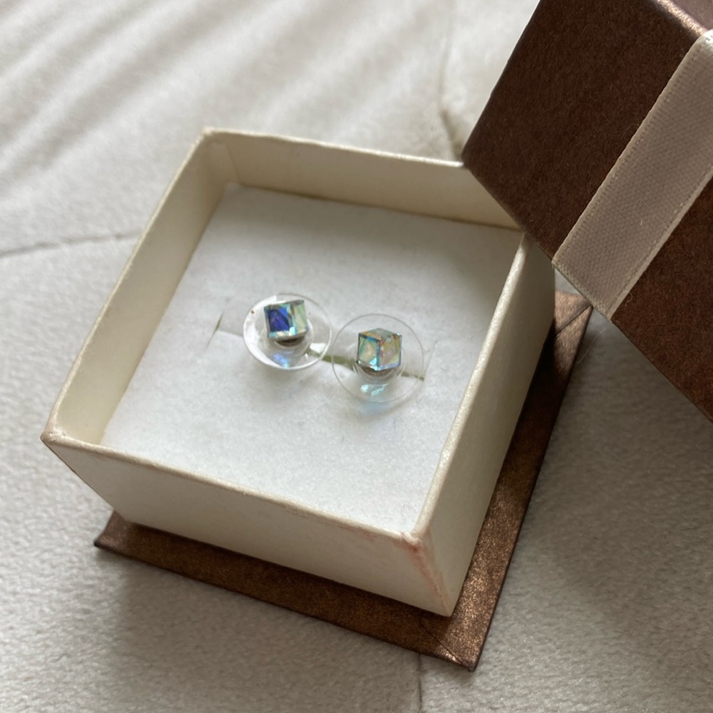 Iridescent Silver Tone Cube Form Stud Earrings